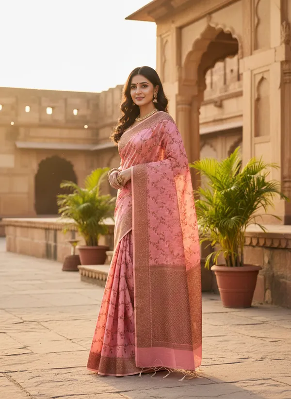 Light_Pink_Banarasi_Cotton_Silk_Thread_Weaved_Saree
