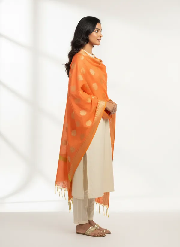 Peach_Banarasi_Cotton_Zari_Weaved_Dupatta