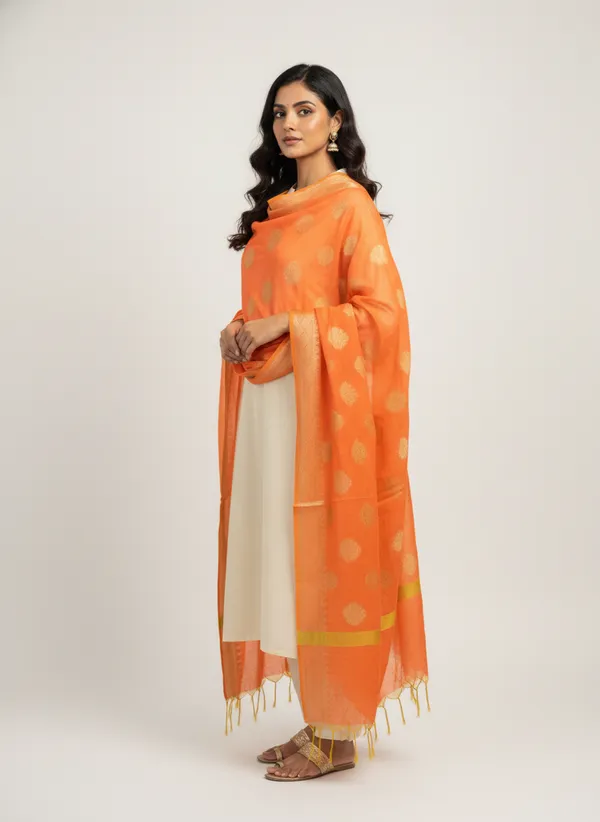 Peach_Banarasi_Cotton_Zari_Weaved_Dupatta