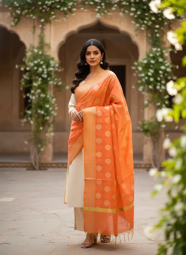 Peach_Banarasi_Cotton_Zari_Weaved_Dupatta