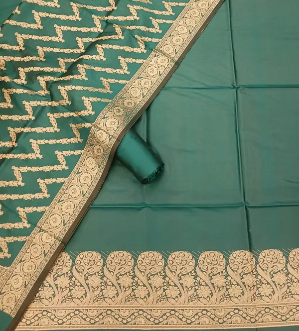 Green_Banarasi_Unstitched_Suit_Fabric_|_Cotton_Silk_Dress_Material_with_Zari_Weaving