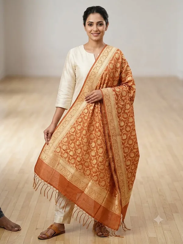 Mustard_Banarasi_Jaal_Work__/_Self-Color_Cotton_Silk_Zari_Checkered_Dupatta_For_Women