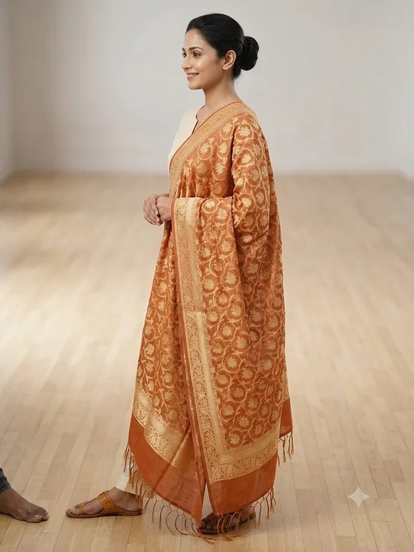 Mustard_Banarasi_Jaal_Work__/_Self-Color_Cotton_Silk_Zari_Checkered_Dupatta_For_Women
