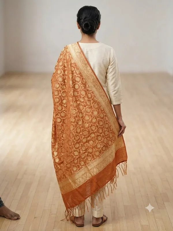 Mustard_Banarasi_Jaal_Work__/_Self-Color_Cotton_Silk_Zari_Checkered_Dupatta_For_Women