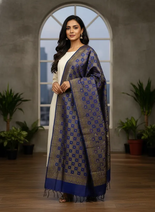 Navy_Blue_Banarasi_Jaal_Work__/_Self-Color_Cotton_Silk_Zari_Checkered_Dupatta_For_Women