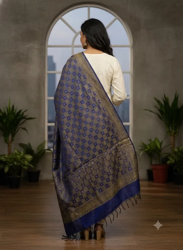 Navy_Blue_Banarasi_Jaal_Work__/_Self-Color_Cotton_Silk_Zari_Checkered_Dupatta_For_Women
