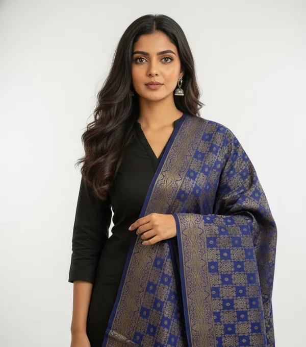 Navy_Blue_Banarasi_Jaal_Work__/_Self-Color_Cotton_Silk_Zari_Checkered_Dupatta_For_Women