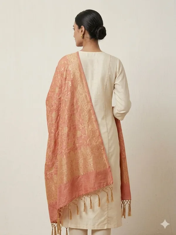 Peach_Banarasi_Jaal_Work__/_Self-Color_Cotton_Silk_Zari_Checkered_Dupatta_For_Women