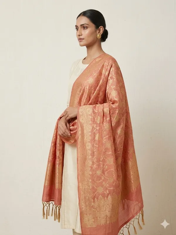 Peach_Banarasi_Jaal_Work__/_Self-Color_Cotton_Silk_Zari_Checkered_Dupatta_For_Women