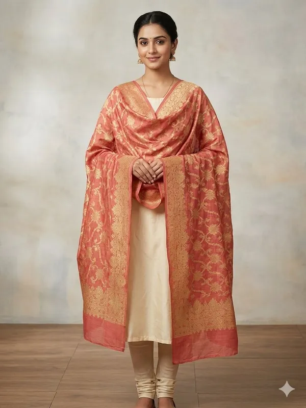 Peach_Banarasi_Jaal_Work__/_Self-Color_Cotton_Silk_Zari_Checkered_Dupatta_For_Women