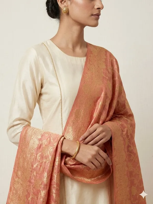 Peach_Banarasi_Jaal_Work__/_Self-Color_Cotton_Silk_Zari_Checkered_Dupatta_For_Women