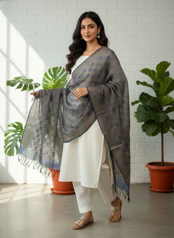 Salte_Grey_Banarasi_Jaal_Work__/_Self-Color_Cotton_Silk_Zari_Checkered_Dupatta_For_Women