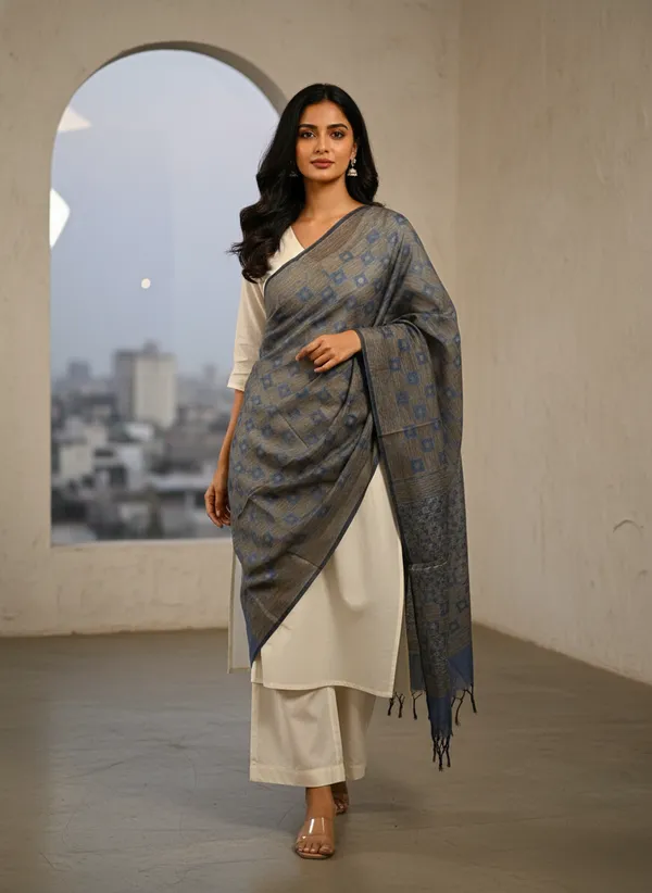 Salte_Grey_Banarasi_Jaal_Work__/_Self-Color_Cotton_Silk_Zari_Checkered_Dupatta_For_Women