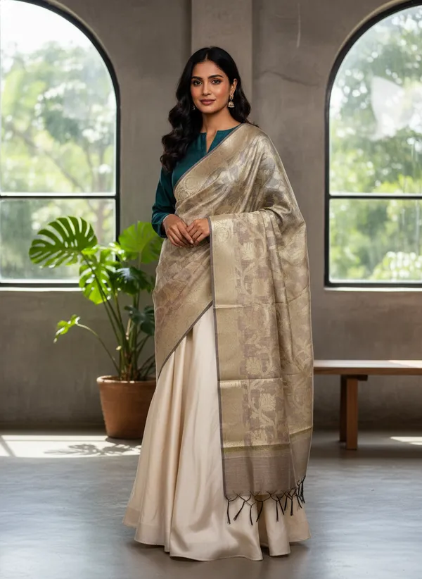 Brown_Banarasi_Jaal_Work__/_Self-Color_Cotton_Silk_Zari_Checkered_Dupatta_For_Women