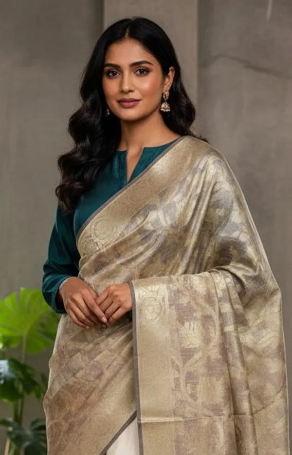 Brown_Banarasi_Jaal_Work__/_Self-Color_Cotton_Silk_Zari_Checkered_Dupatta_For_Women