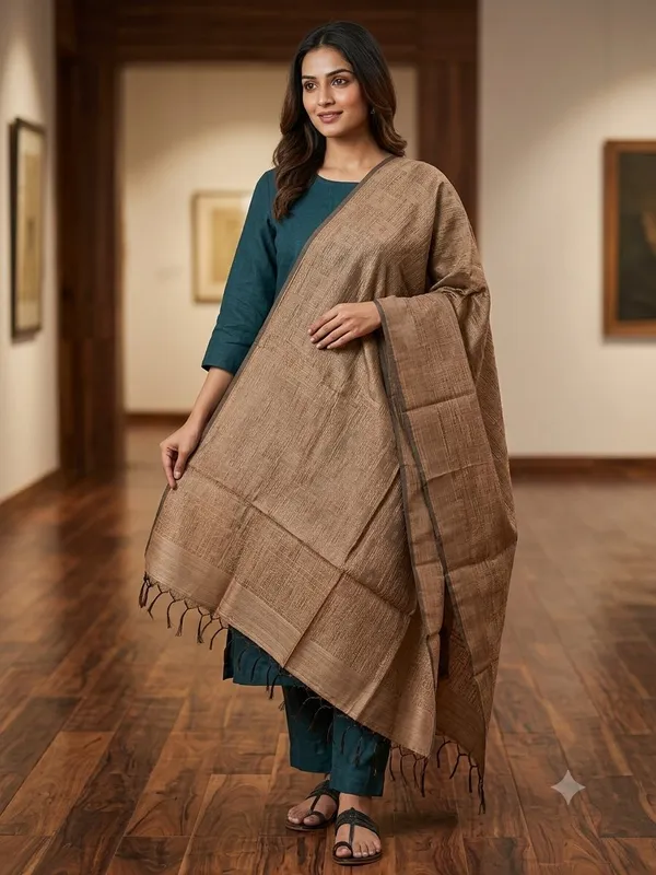 Chocklate_Brown_Banarasi_Jaal_Work__/_Self-Color_Cotton_Silk_Zari_Checkered_Dupatta_For_Women