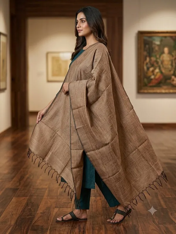 Chocklate_Brown_Banarasi_Jaal_Work__/_Self-Color_Cotton_Silk_Zari_Checkered_Dupatta_For_Women