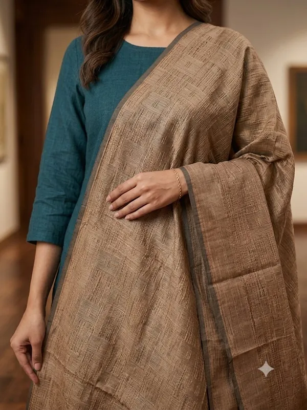 Chocklate_Brown_Banarasi_Jaal_Work__/_Self-Color_Cotton_Silk_Zari_Checkered_Dupatta_For_Women
