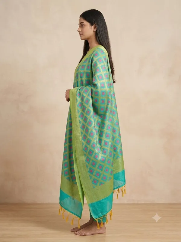 Light_Blue_Banarasi_Jaal_Work__/_Self-Color_Cotton_Silk_Zari_Checkered_Dupatta_For_Women