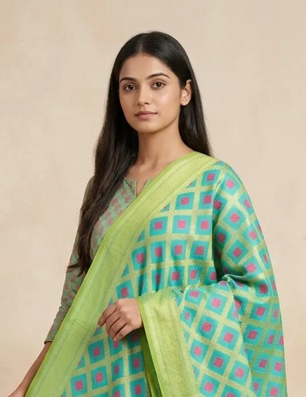 Light_Blue_Banarasi_Jaal_Work__/_Self-Color_Cotton_Silk_Zari_Checkered_Dupatta_For_Women