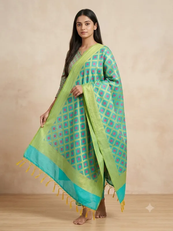 Light_Blue_Banarasi_Jaal_Work__/_Self-Color_Cotton_Silk_Zari_Checkered_Dupatta_For_Women