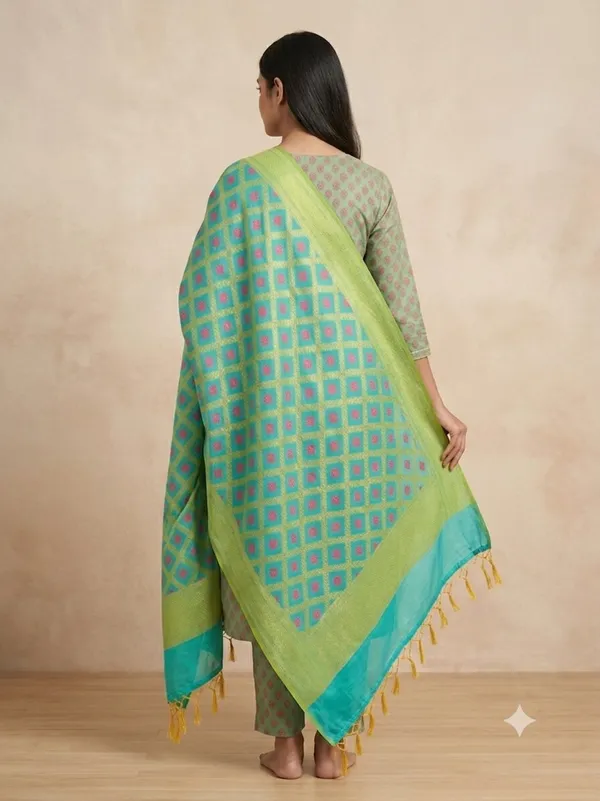 Light_Blue_Banarasi_Jaal_Work__/_Self-Color_Cotton_Silk_Zari_Checkered_Dupatta_For_Women