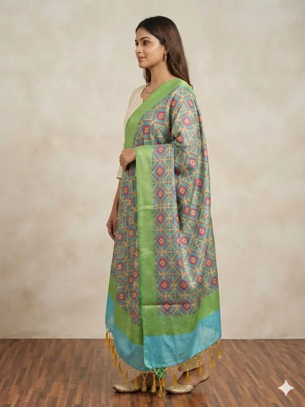 Light_Blue_Banarasi_Jaal_Work__/_Self-Color_Cotton_Silk_Zari_Checkered_Dupatta_For_Women