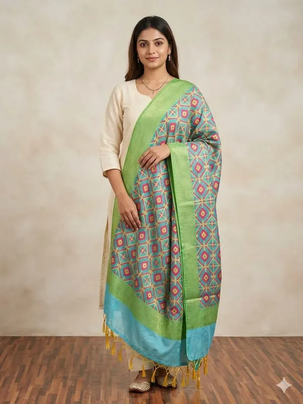 Light_Blue_Banarasi_Jaal_Work__/_Self-Color_Cotton_Silk_Zari_Checkered_Dupatta_For_Women
