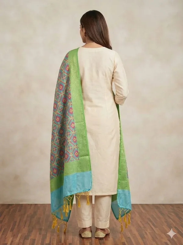 Light_Blue_Banarasi_Jaal_Work__/_Self-Color_Cotton_Silk_Zari_Checkered_Dupatta_For_Women