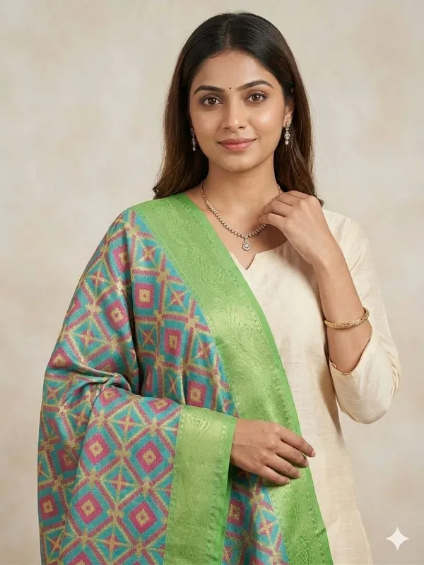 Light_Blue_Banarasi_Jaal_Work__/_Self-Color_Cotton_Silk_Zari_Checkered_Dupatta_For_Women
