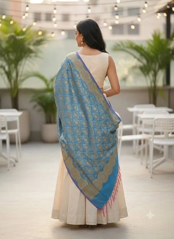 Light_Blue_Banarasi_Jaal_Work__/_Self-Color_Cotton_Silk_Zari_Checkered_Dupatta_For_Women