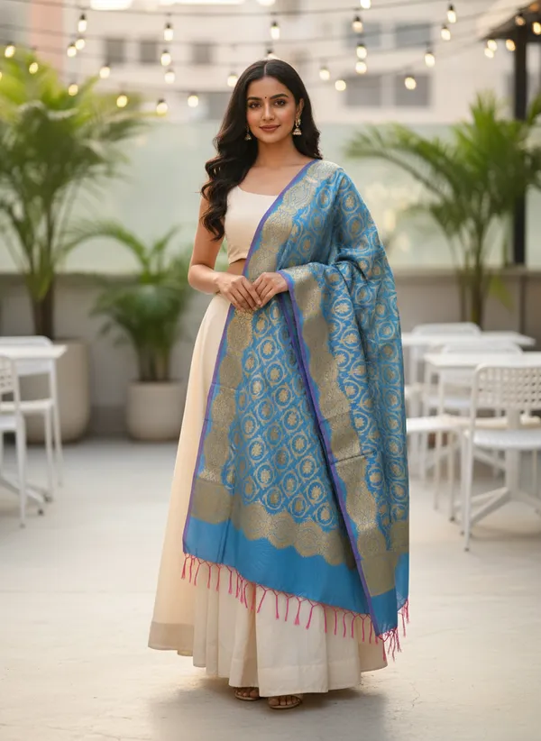 Light_Blue_Banarasi_Jaal_Work__/_Self-Color_Cotton_Silk_Zari_Checkered_Dupatta_For_Women