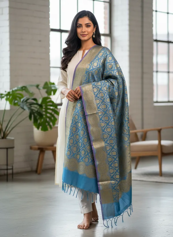 Light_Blue_Banarasi_Jaal_Work__/_Self-Color_Cotton_Silk_Zari_Checkered_Dupatta_For_Women