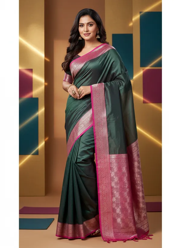 Green_Banarasi_Plain_Border_Silk_Saree_with_Contrast_Aachal