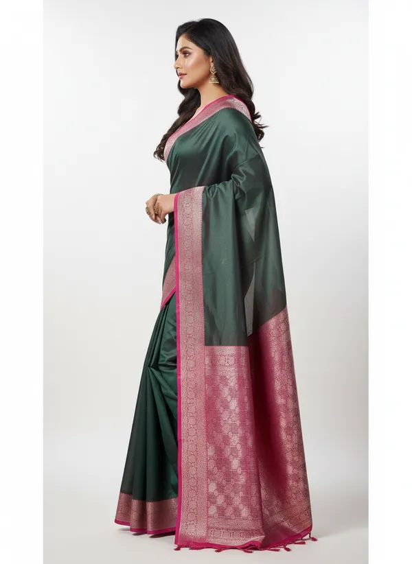 Green_Banarasi_Plain_Border_Silk_Saree_with_Contrast_Aachal