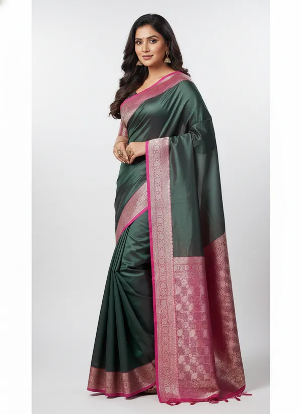 Green_Banarasi_Plain_Border_Silk_Saree_with_Contrast_Aachal