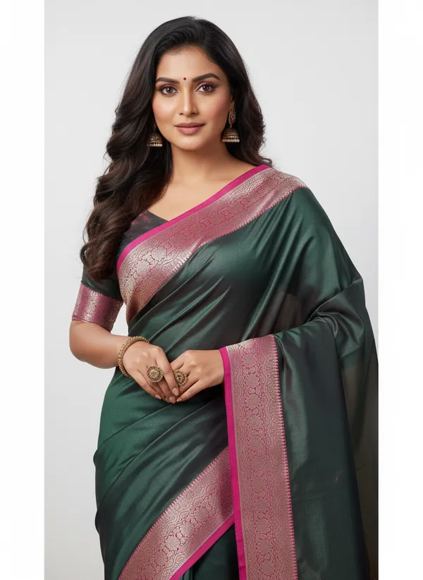 Green_Banarasi_Plain_Border_Silk_Saree_with_Contrast_Aachal