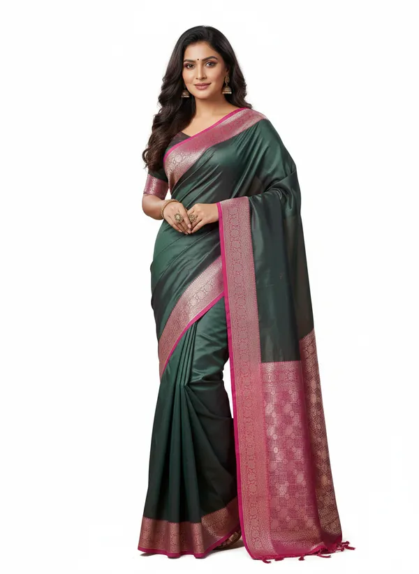 Green_Banarasi_Plain_Border_Silk_Saree_with_Contrast_Aachal