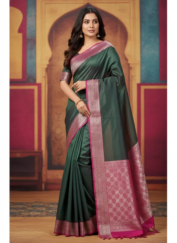 Green_Banarasi_Plain_Border_Silk_Saree_with_Contrast_Aachal