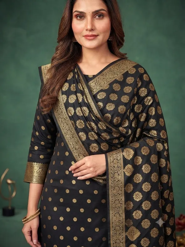 Black_Banarasi_Cotton_Silk_Unstitched_Suit_With_Dupatta_For_Women