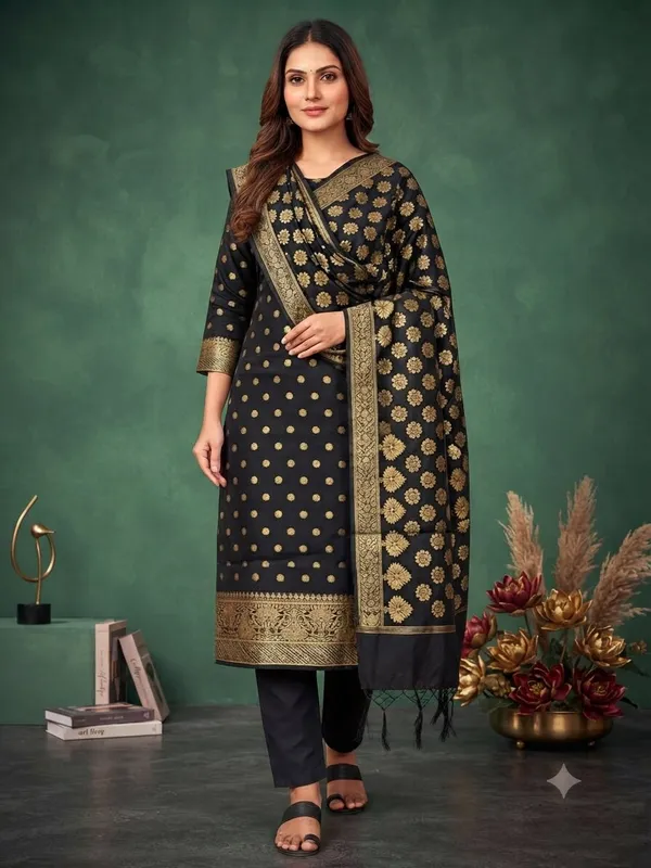 Black_Banarasi_Cotton_Silk_Unstitched_Suit_With_Dupatta_For_Women