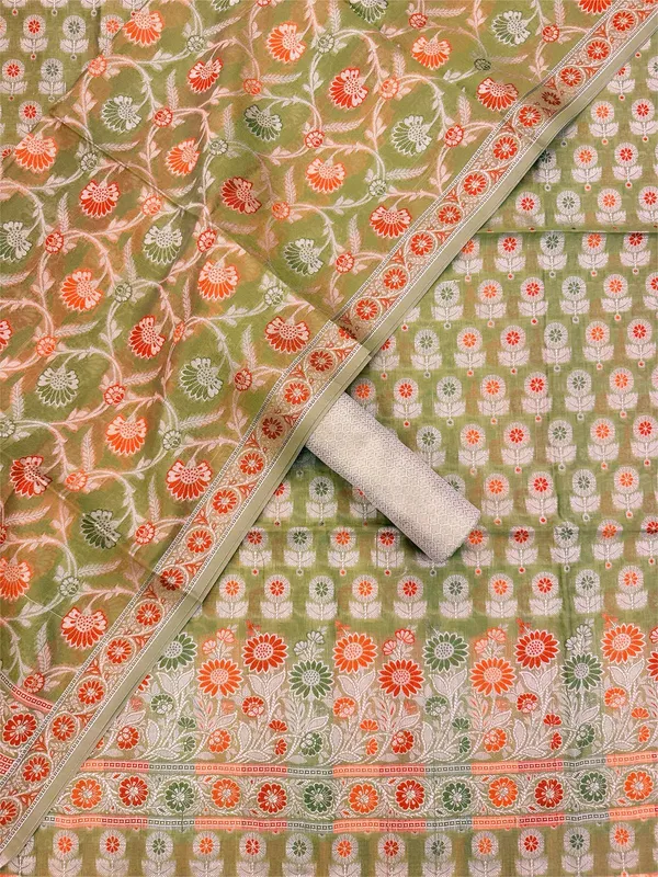 Green_Unstitched_Suit_Fabric_|_Cotton_Silk_Dress_Material_with_Thread_Weaving