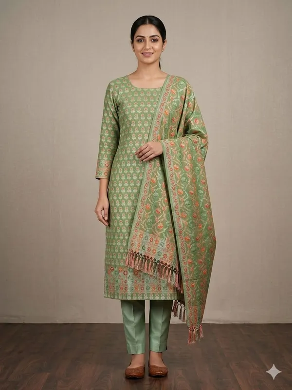 Green_Unstitched_Suit_Fabric_|_Cotton_Silk_Dress_Material_with_Thread_Weaving