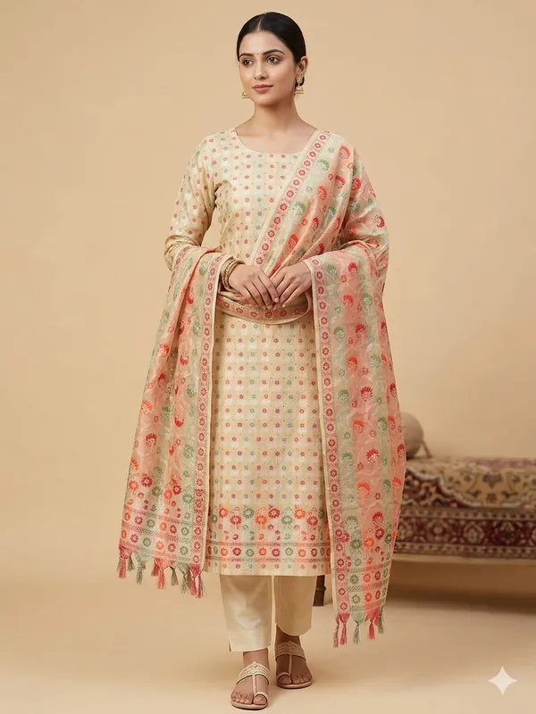 Beige_Unstitched_Suit_Fabric_|_Cotton_Silk_Dress_Material_with_Thread_Weaving