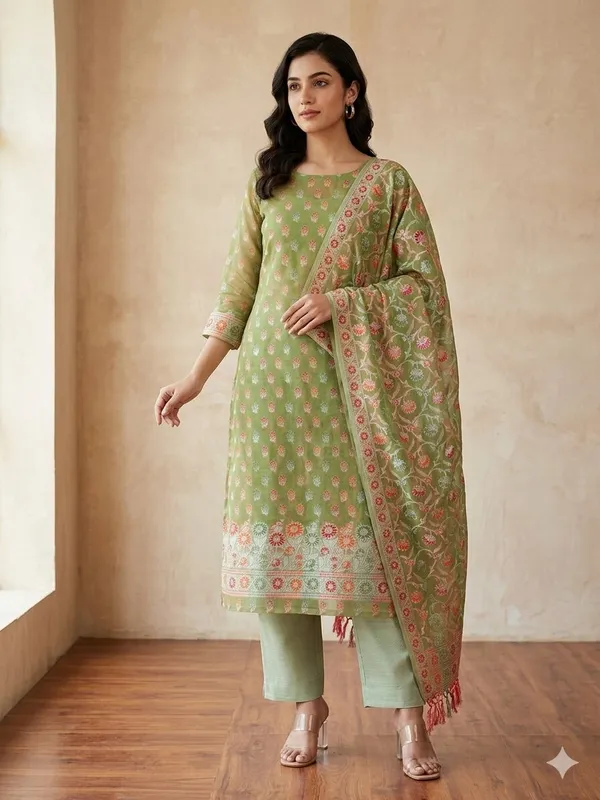 Green_Unstitched_Suit_Fabric_|_Cotton_Silk_Dress_Material_with_Thread_Weaving