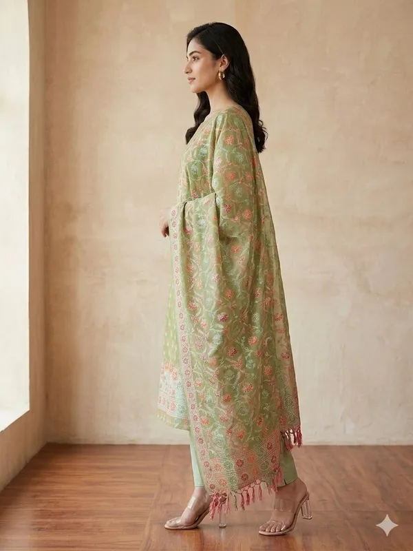 Green_Unstitched_Suit_Fabric_|_Cotton_Silk_Dress_Material_with_Thread_Weaving
