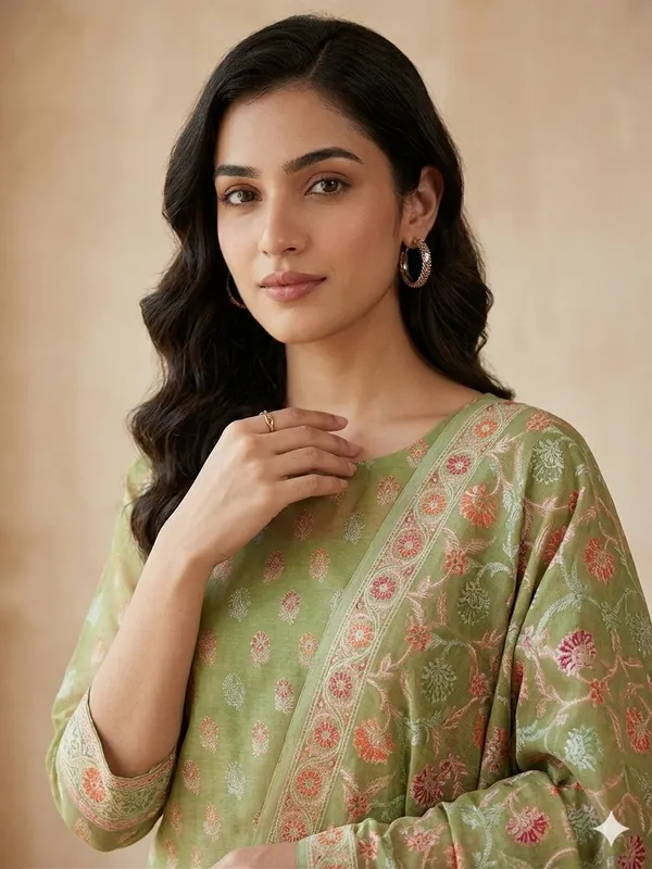 Green_Unstitched_Suit_Fabric_|_Cotton_Silk_Dress_Material_with_Thread_Weaving