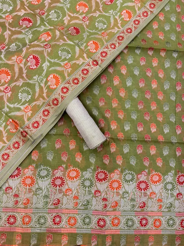 Green_Unstitched_Suit_Fabric_|_Cotton_Silk_Dress_Material_with_Thread_Weaving