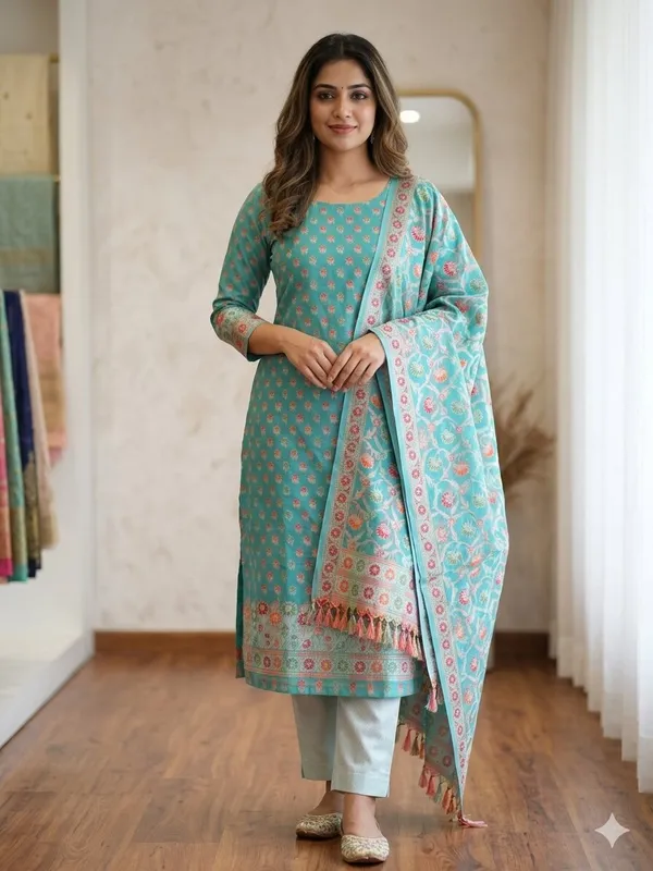 Sea_Green_Unstitched_Suit_Fabric_|_Cotton_Silk_Dress_Material_with_Thread_Weaving
