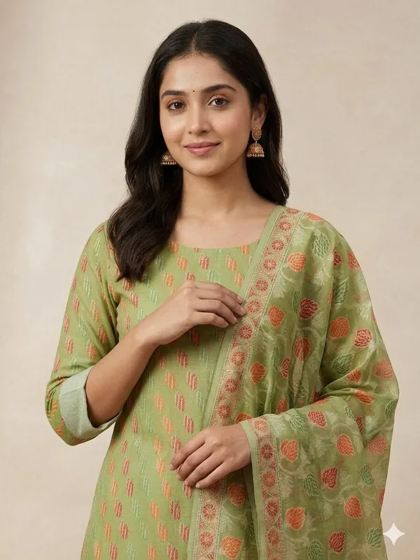 Green_Unstitched_Suit_Fabric_|_Cotton_Silk_Dress_Material_with_Thread_Weaving